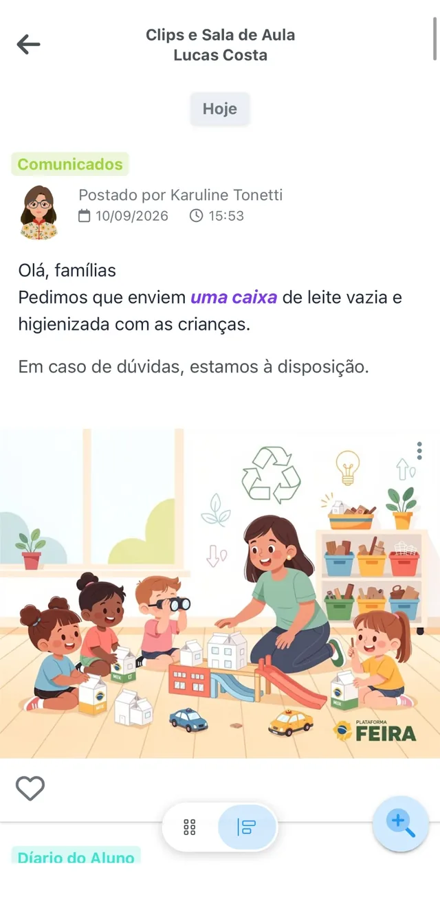 Comunicado com imagem na Agenda Digital da ClipEscola pedindo material para uma atividade da turma