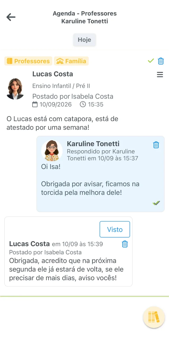 Recado da família na Agenda Digital da ClipEscola avisando sobre o atestado do aluno, com resposta da professora