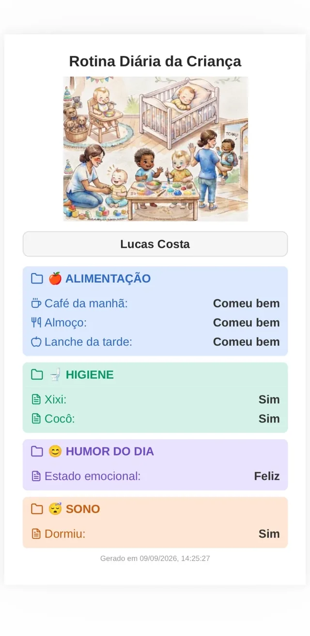 Rotina diária da criança na Agenda Digital da ClipEscola com alimentação, higiene, humor e sono