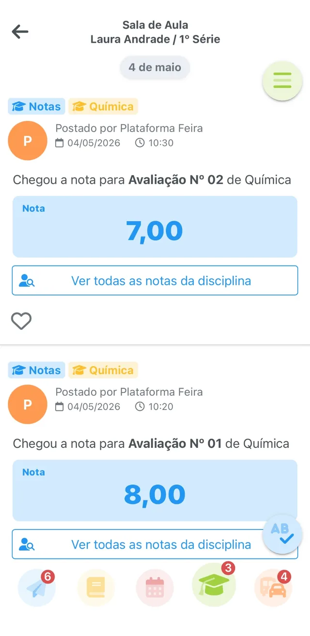 Tela do app da ClipEscola mostrando as notas que os responsáveis recebem